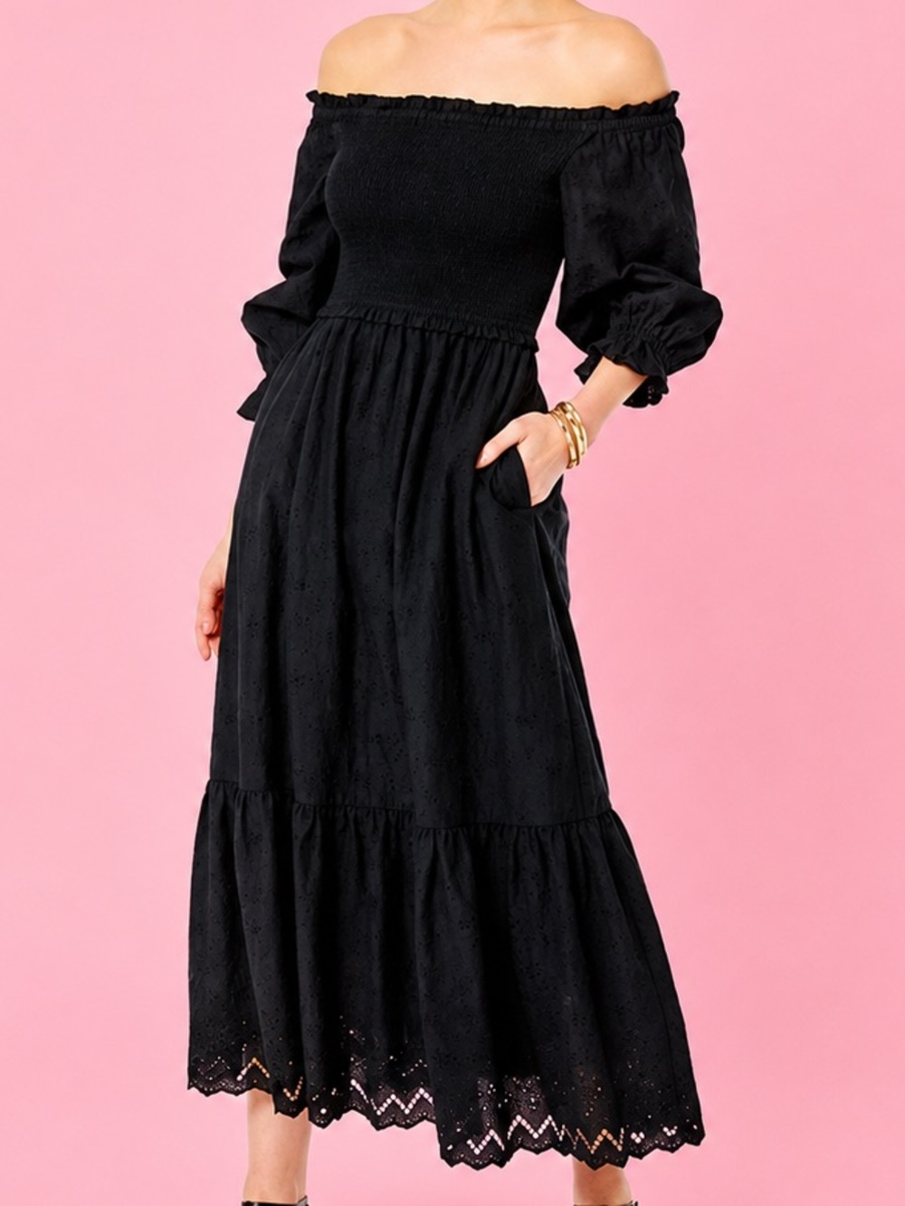 Lilly Pulitzer Arlynn Onyx Eyelet Off Shoulder Maxi Dress Smocked M